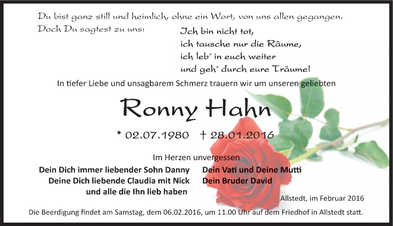  Traueranzeige für Ronny Hahn vom 03.02.2016 aus Mitteldeutsche Zeitung Sangerhausen