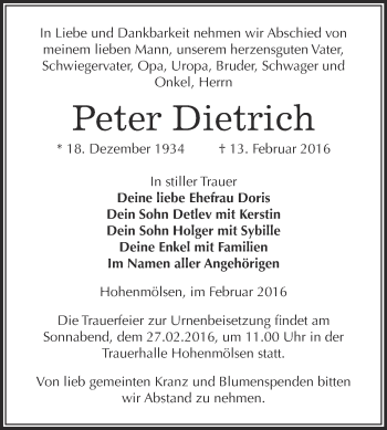 Traueranzeige von Peter Dietrich von WVG - Wochenspiegel NMB / WSF / ZTZ
