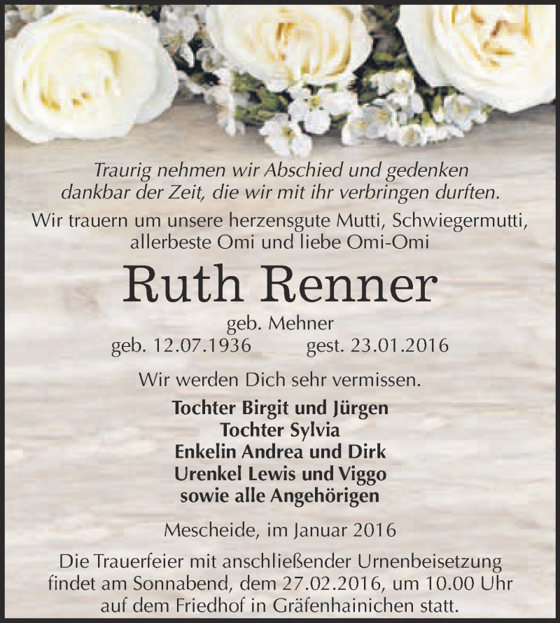  Traueranzeige für Ruth Renner vom 13.02.2016 aus WVG - Wochenspiegel Wittenberg