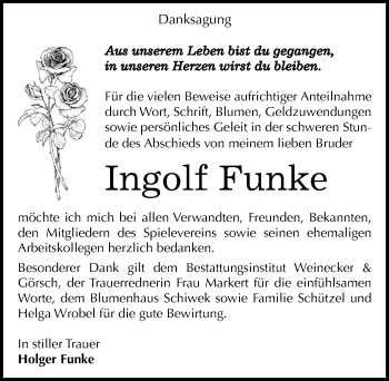 Traueranzeige von Ingolf Funke von Mitteldeutsche Zeitung Bernburg