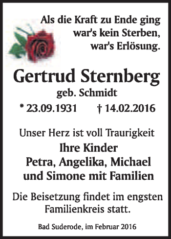 Traueranzeige von Gertrud Sternberg von WVG - Wochenspiegel Quedlinburg