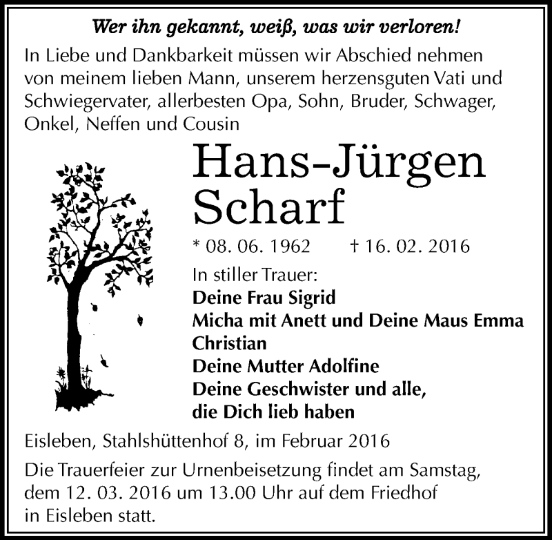  Traueranzeige für Hans-Jürgen Scharf vom 27.02.2016 aus Mitteldeutsche Zeitung Mansfelder Land