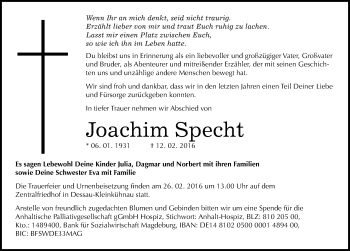 Traueranzeige von Joachim Specht von Mitteldeutsche Zeitung Dessau-Roßlau