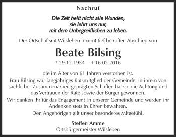 Traueranzeige von Beate Bilsing von Super Sonntag Aschersleben