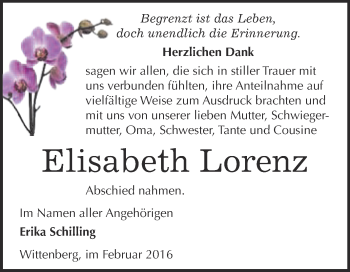 Traueranzeige von Elisabeth Lorenz von Super Sonntag Wittenberg