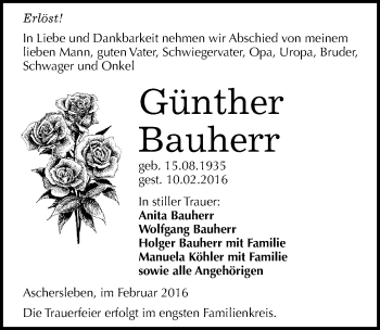 Traueranzeige von Günther Bauherr von Mitteldeutsche Zeitung Aschersleben