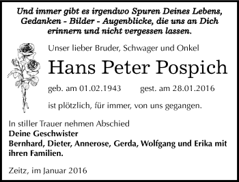 Traueranzeige von Hans Peter Pospich von Mitteldeutsche Zeitung Zeitz