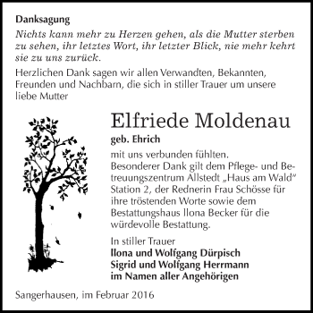 Traueranzeige von Elfriede Moldenau von Super Sonntag SGH Mansf. Land