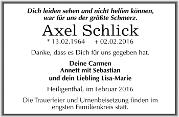 Traueranzeige von Axel Schlick von Mitteldeutsche Zeitung Mansfelder Land