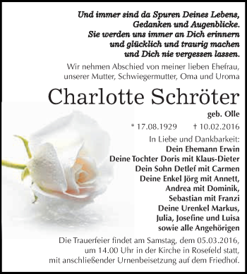 Traueranzeige von Charlotte Schröter von WVG - Wochenspiegel Dessau / Köthen