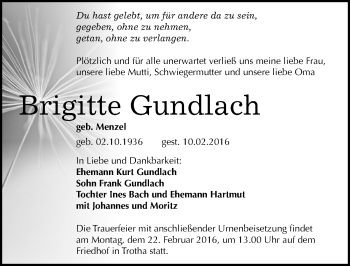 Traueranzeige von Brigitte Gundlach von Mitteldeutsche Zeitung Halle/Saalkreis