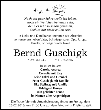 Traueranzeige von Bernd Guschigk von Mitteldeutsche Zeitung Naumburg/Nebra