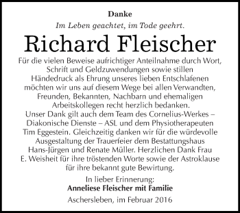 Traueranzeige von Richard Fleischer von Super Sonntag Aschersleben