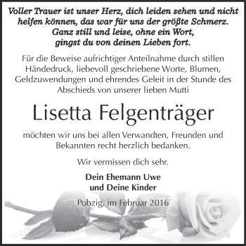 Traueranzeige von Lisetta Felgenträger von Super Sonntag Bernburg