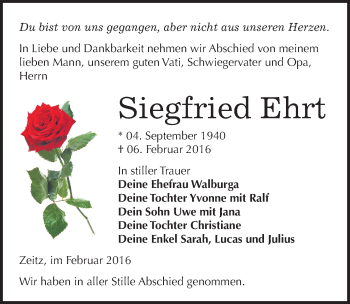 Traueranzeige von Siegfried Ehrt von Mitteldeutsche Zeitung Zeitz