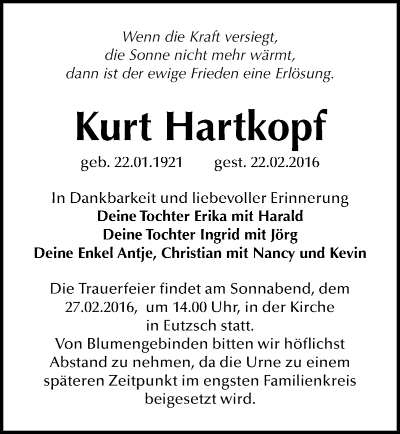  Traueranzeige für Kurt Hartkopf vom 24.02.2016 aus Mitteldeutsche Zeitung Wittenberg