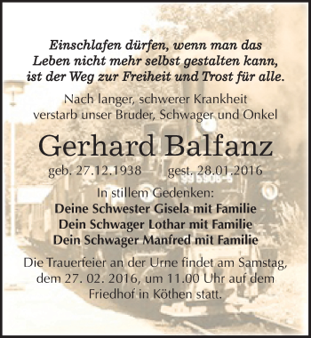 Traueranzeige von Gerhard Balfanz von Mitteldeutsche Zeitung Köthen