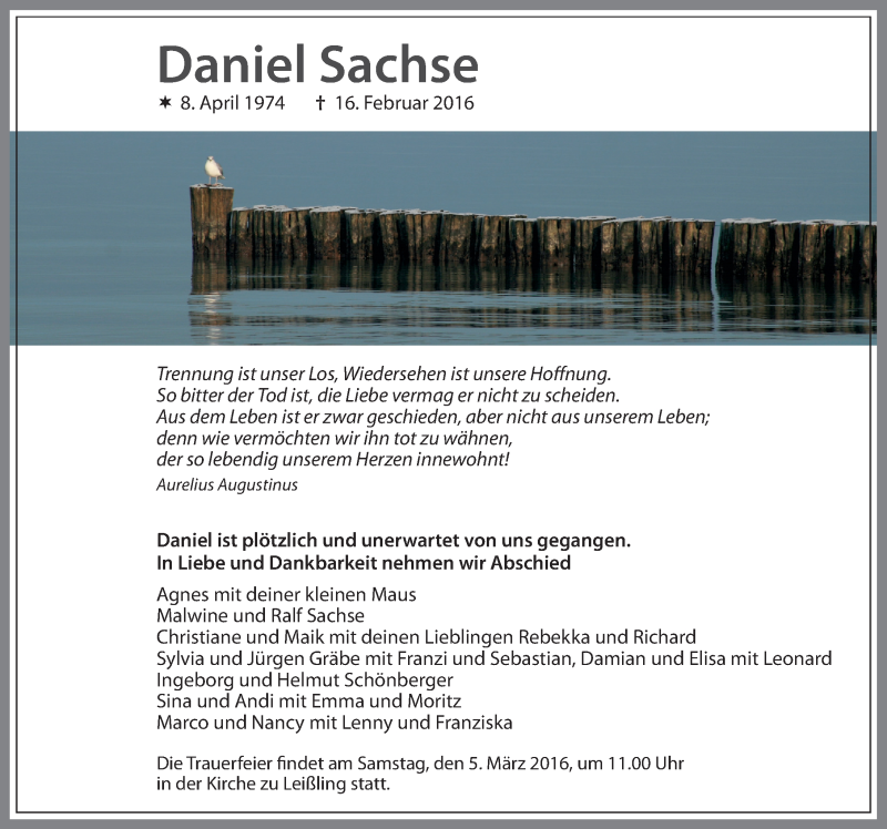  Traueranzeige für Daniel Sachse vom 27.02.2016 aus Mitteldeutsche Zeitung Weißenfels