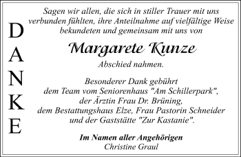 Traueranzeige von Margarete Kunze von Mitteldeutsche Zeitung Dessau-Roßlau
