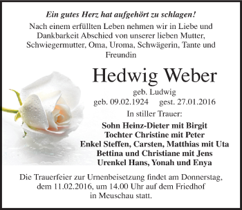 Traueranzeige von Hedwig Weber von Mitteldeutsche Zeitung Merseburg/Querfurt