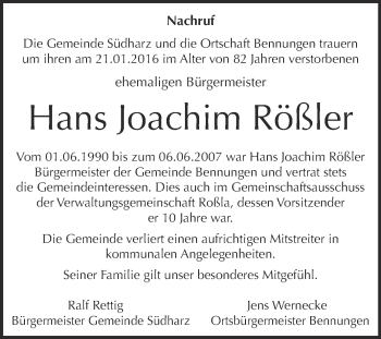 Traueranzeige von Hans Joachim Rößler von Super Sonntag SGH Mansf. Land