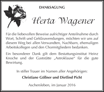 Traueranzeige von Herta Wagener von Super Sonntag Aschersleben