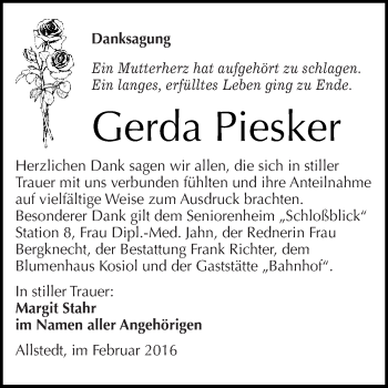 Traueranzeige von Gerda Piesker von Super Sonntag SGH Mansf. Land