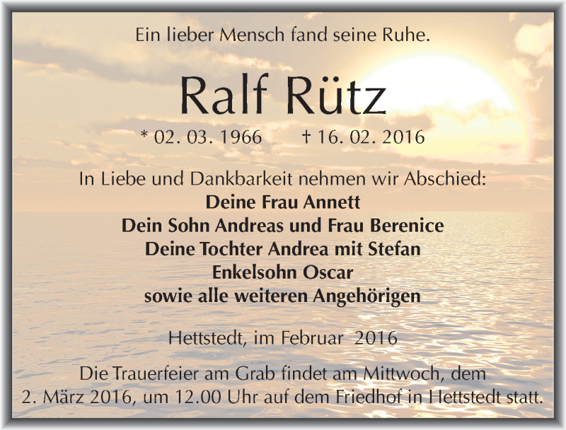  Traueranzeige für Ralf Rütz vom 20.02.2016 aus Mitteldeutsche Zeitung Mansfelder Land