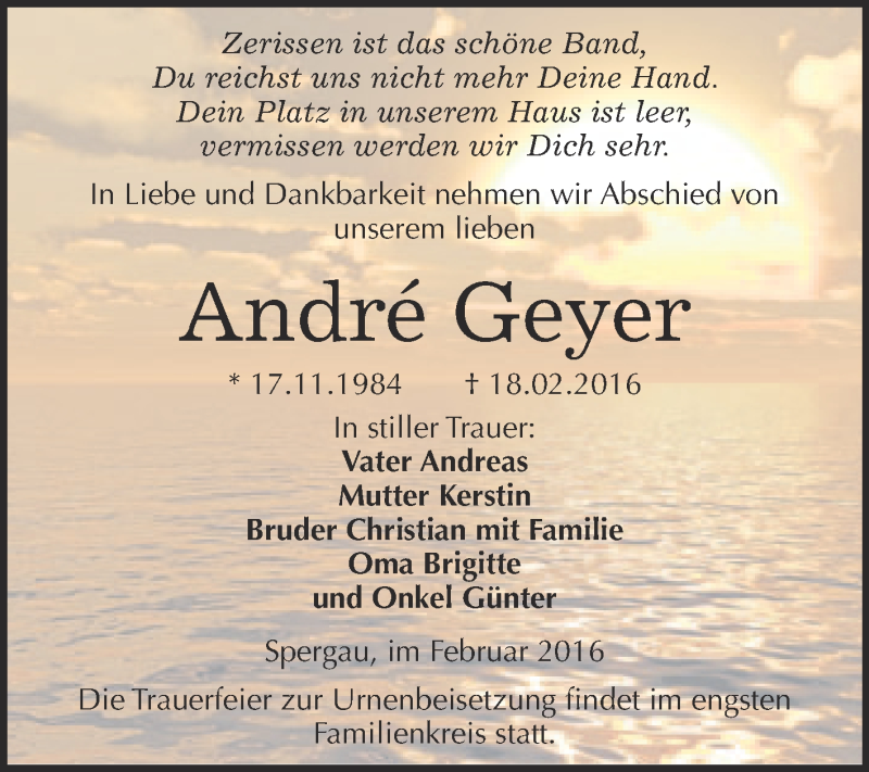  Traueranzeige für Andre Geyer vom 27.02.2016 aus Super Sonntag Merseburg