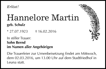 Traueranzeige von Hannelore Martin von Mitteldeutsche Zeitung Merseburg/Querfurt