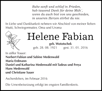 Traueranzeige von Helene Fabian von Super Sonntag Aschersleben
