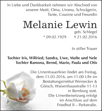 Traueranzeige von Melanie Lewin von Mitteldeutsche Zeitung Bernburg