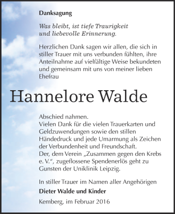 Traueranzeige von Hannelore Walde von WVG - Wochenspiegel Bitterfeld