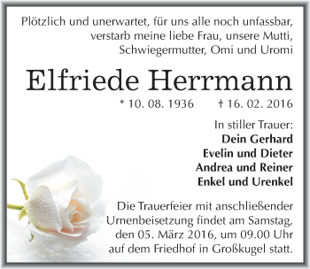 Traueranzeige von Elfriede Herrmann von Mitteldeutsche Zeitung Halle/Saalkreis