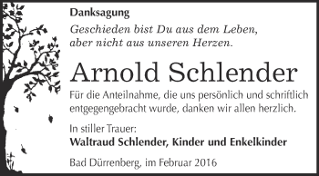 Traueranzeige von Arnold Schlender von Super Sonntag Merseburg