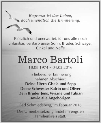 Traueranzeige von Marco Bartoli von WVG - Wochenspiegel Wittenberg