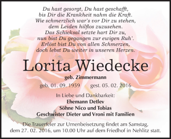 Traueranzeige von Lorita Wiedecke von Mitteldeutsche Zeitung Halle/Saalkreis