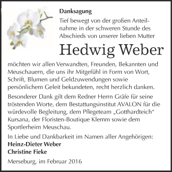 Traueranzeige von Hedwig Weber von WVG - Wochenspiegel Merseburg