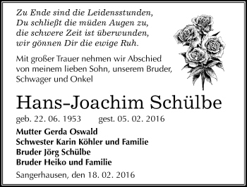 Traueranzeige von Hans-Joachim Schülbe von Mitteldeutsche Zeitung Sangerhausen