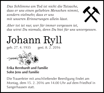 Traueranzeige von Johann Ryll von Super Sonntag SGH Mansf. Land