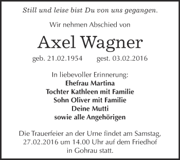 Traueranzeige von Axel Wagner von Super Sonntag Wittenberg
