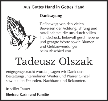 Traueranzeige von Tadeusz Olszak von WVG - Wochenspiegel Bitterfeld