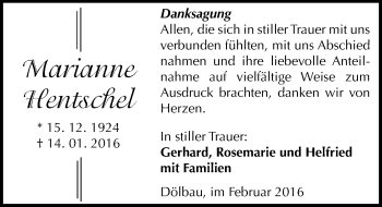 Traueranzeige von Marianne Hentschel von Mitteldeutsche Zeitung Halle/Saalkreis