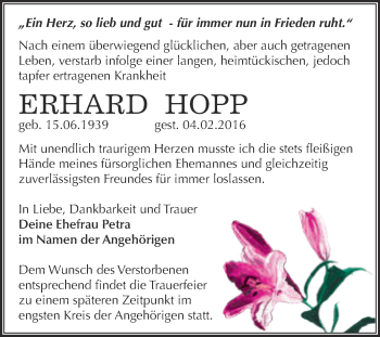 Traueranzeige von Erhard Hopp von WVG - Wochenspiegel Dessau / Köthen