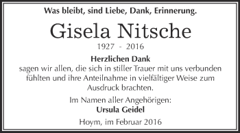 Traueranzeige von Gisela Nitsche von Super Sonntag Aschersleben