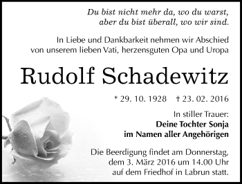 Traueranzeige von Rudolf Schadewitz von Mitteldeutsche Zeitung Wittenberg