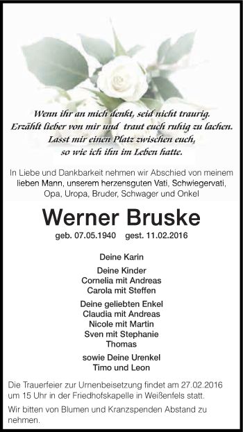 Traueranzeige von Werner Bruske von WVG - Wochenspiegel NMB / WSF / ZTZ