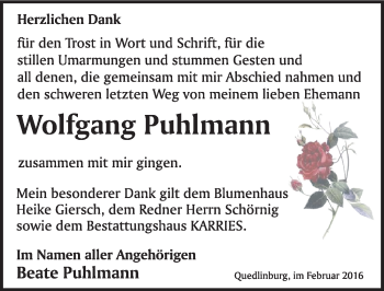 Traueranzeige von Wolfgang Puhlmann von Mitteldeutsche Zeitung Quedlinburg