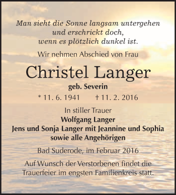 Traueranzeige von Christel Langer von WVG - Wochenspiegel Quedlinburg