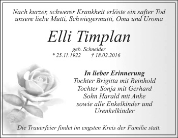 Traueranzeige von Elli Timplan von WVG - Wochenspiegel Dessau / Köthen